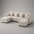 U-Sofa-Wohnlandschaft, 4-Sitzer mit Polyesterbezug und 6 Zierkissen, Beige, 310 × 160 × 85 cm