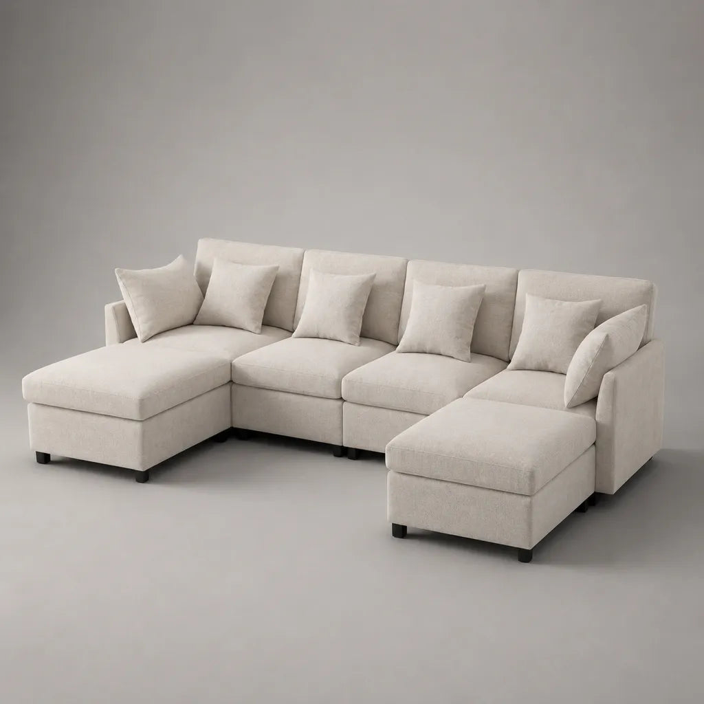 U-Sofa-Wohnlandschaft, 4-Sitzer mit Polyesterbezug und 6 Zierkissen, Beige, 310 × 160 × 85 cm