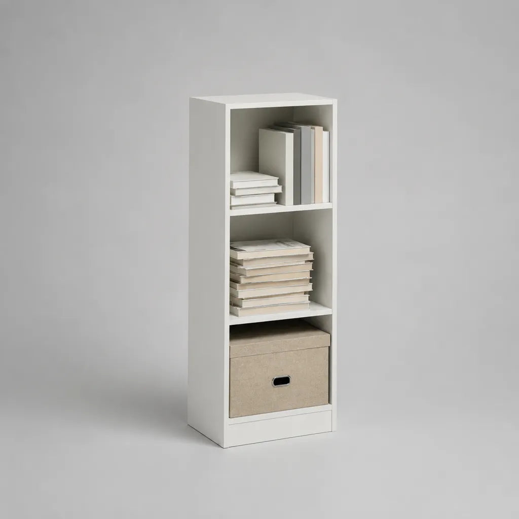 Bücherregal mit 3 Fächern und Aufbewahrungsbox aus melaminbeschichteter Spanplatte, Weiß und Beige, 30 × 30 × 90 cm