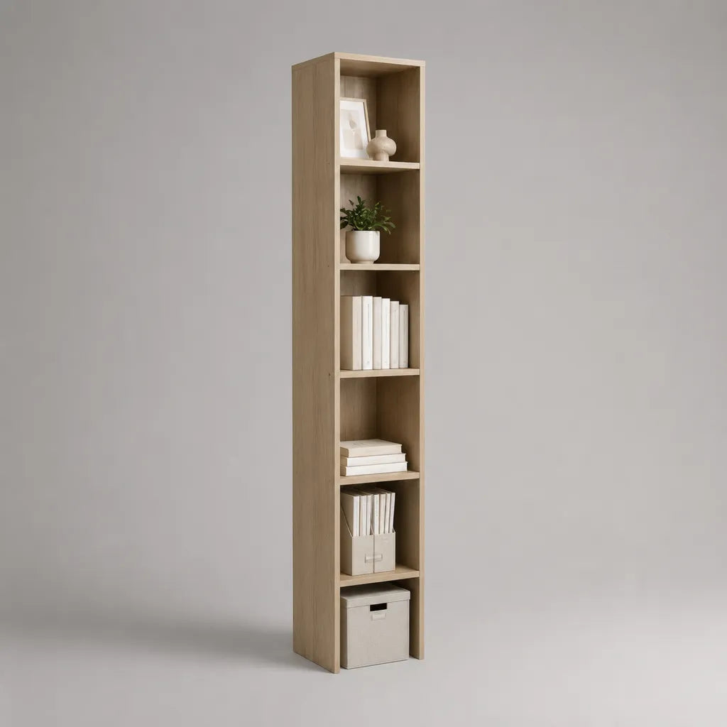 Schmales Bücherregal aus Holz mit 6 offenen Fächern, Hellbraun in Eichenholzoptik, 30 × 24 × 180 cm