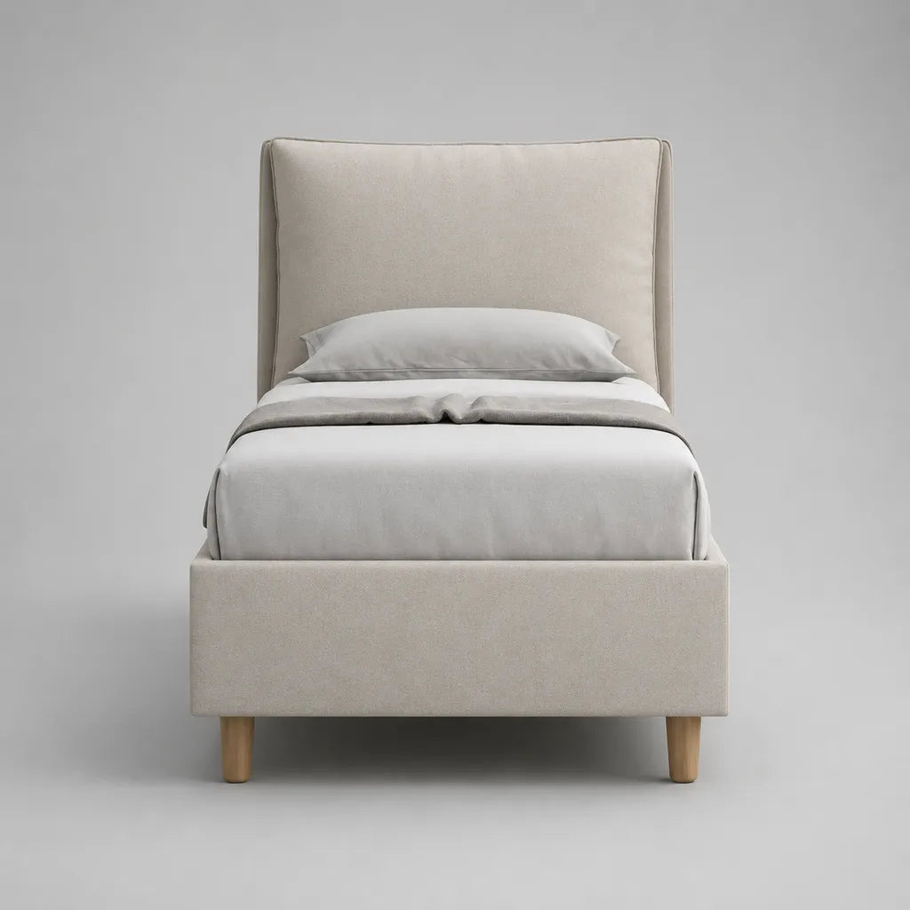 Rechteckiges Polsterbett mit gepolstertem Kopfteil und Polyesterbezug, Beige, Liegefläche 90 x 200 cm