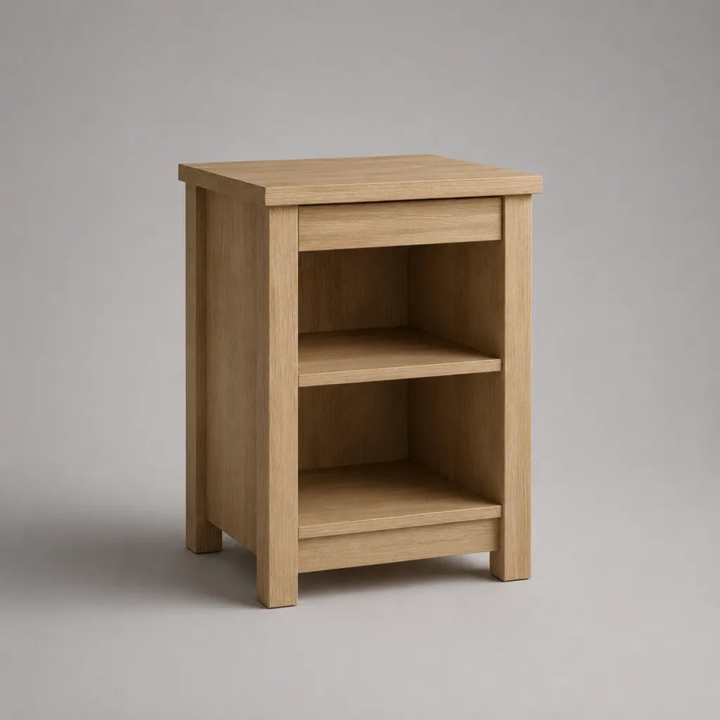 Nachttisch mit Schublade und 2 Ablagen aus MDF mit Eichenfurnier und massiver Eiche, Natur, 40 × 35 × 60 cm