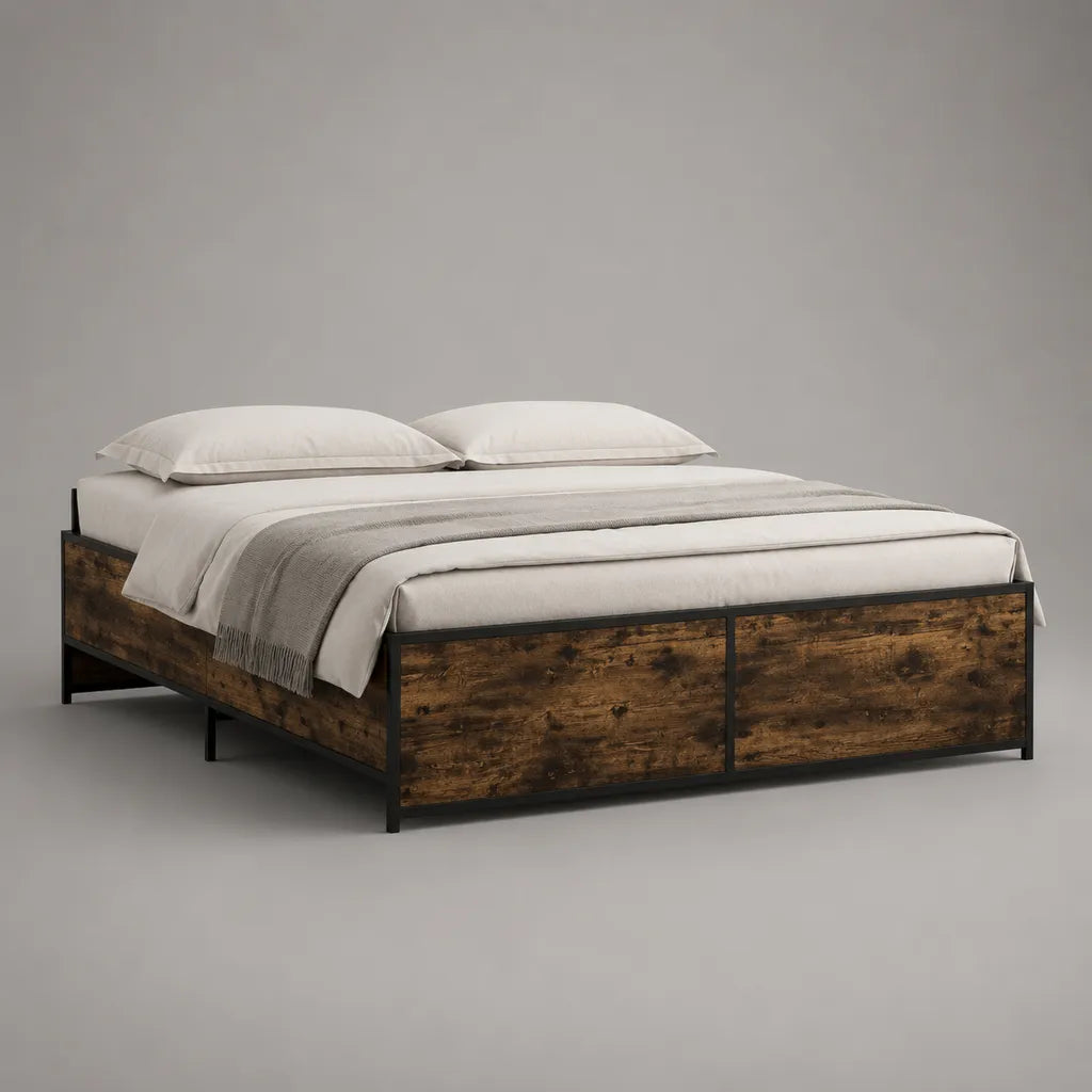 Doppelbett-Bettgestell 160 × 200 cm aus Stahl und Spanplatte, 207 × 166 × 50 cm, Braun-Schwarz