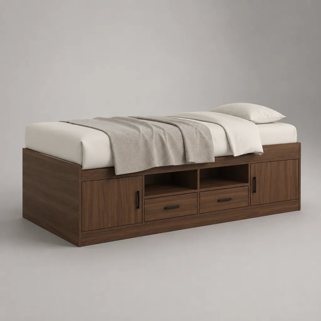 Stauraumbett 90 × 200 cm aus melaminbeschichteter Spanplatte, 205 × 96 × 55 cm, mit 2 Schubladen, 2 offenen Fächern und 2 Türen, Walnussbraun