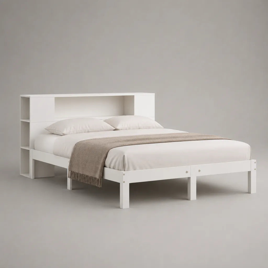 Doppelbett mit Regal-Kopfteil aus massivem Kiefernholz und MDF, 160 × 200 cm, Weiß