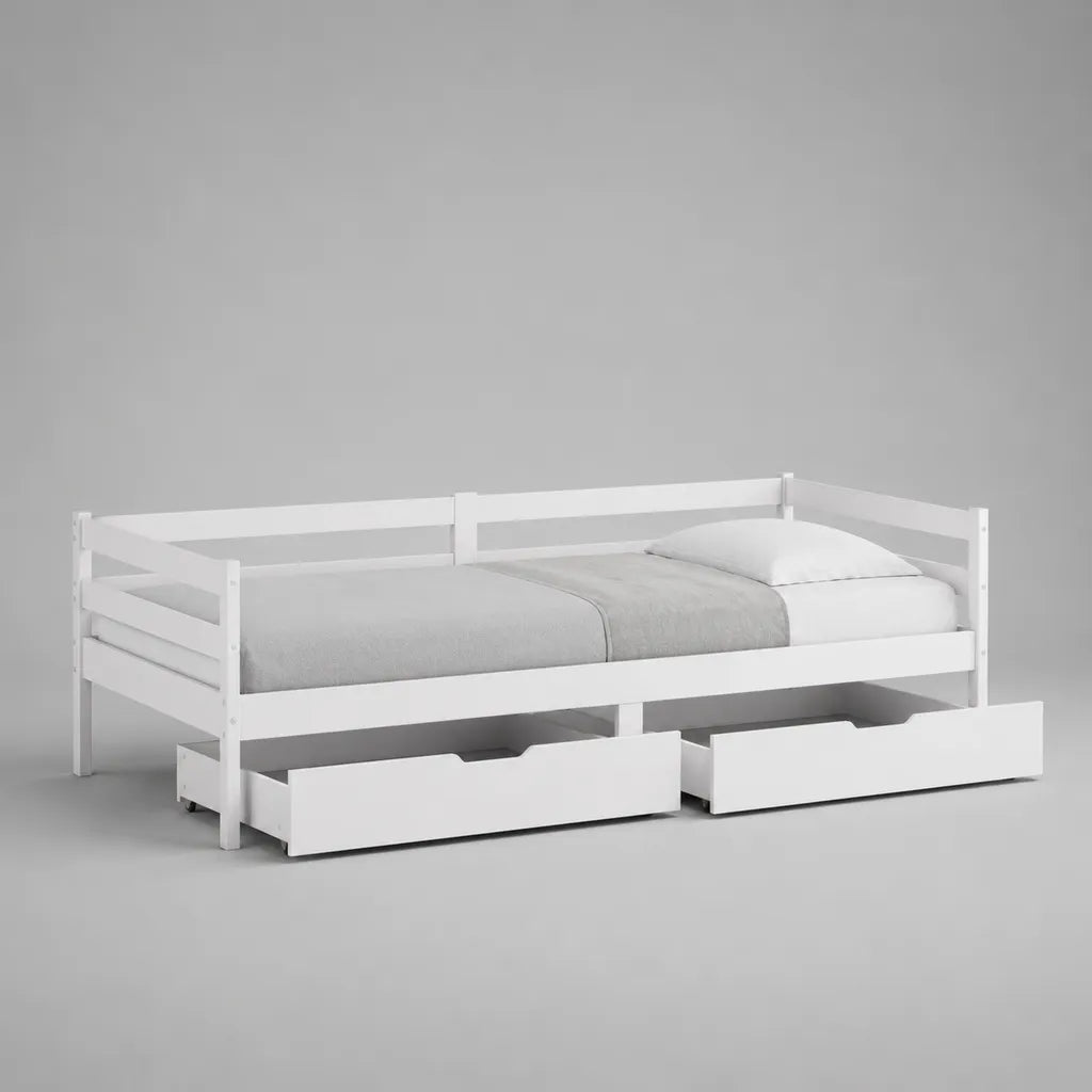 Tagesbett mit 2 Schubladen aus massivem Kiefernholz und MDF, Weiß, 209 x 96 x 70 cm, Liegefläche 90 x 200 cm