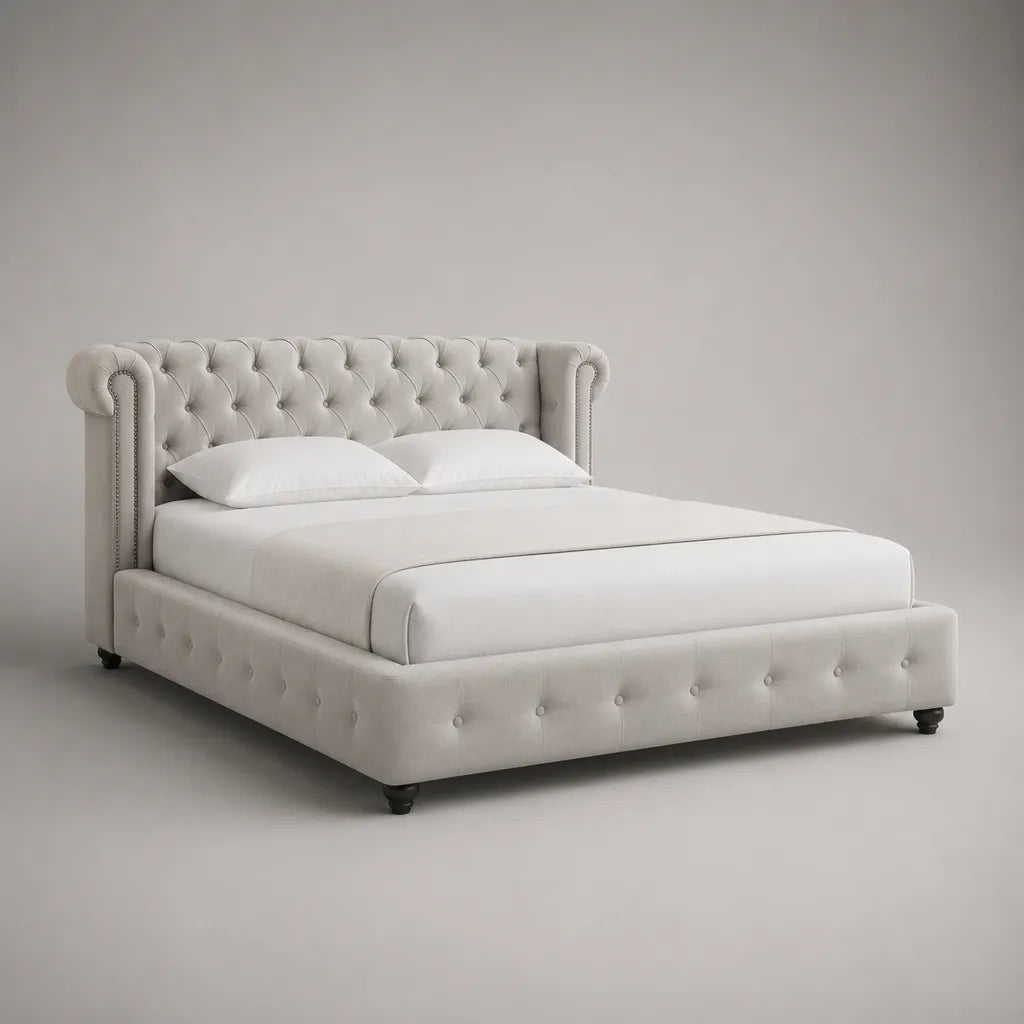 Polsterbett Doppelbett mit Chesterfield-Kopfteil aus Polyester-Samt, Cremeweiß, 190 × 220 × 120 cm, Liegefläche 160 × 200 cm