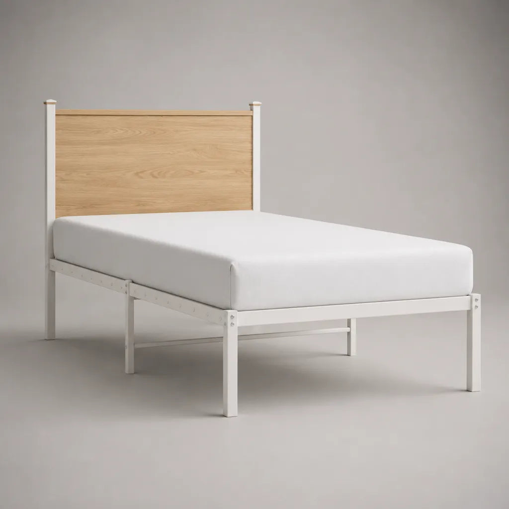 Metallbett 140 x 200 cm aus pulverbeschichtetem Stahl mit MDF-Kopfteil, Weiß/Eiche hell