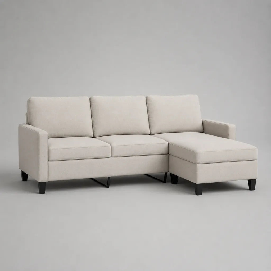 3-Sitzer-Ecksofa mit Ottomane rechts, Polyesterbezug, PU-Schaum, L-Form, Cremeweiß, 220 × 145 × 86 cm