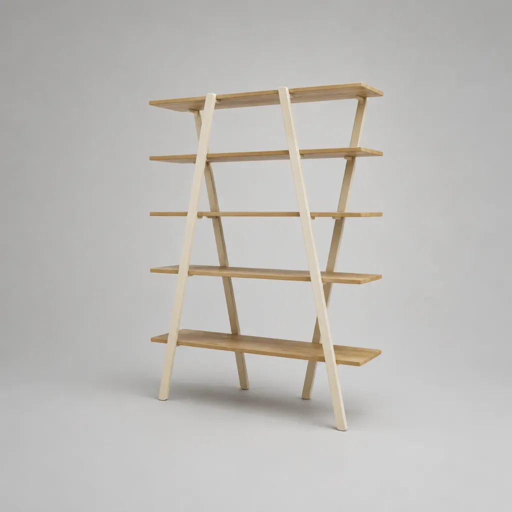 A-förmiges Bücherregal aus Holz, Natur/Cremeweiß, 5 Ablagen, 120 × 40 × 180 cm