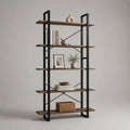 Bücherregal, Standregal aus Spanplatte und Stahl mit 5 Ablagen, Nussbaum/Schwarz, 120 × 30 × 180 cm
