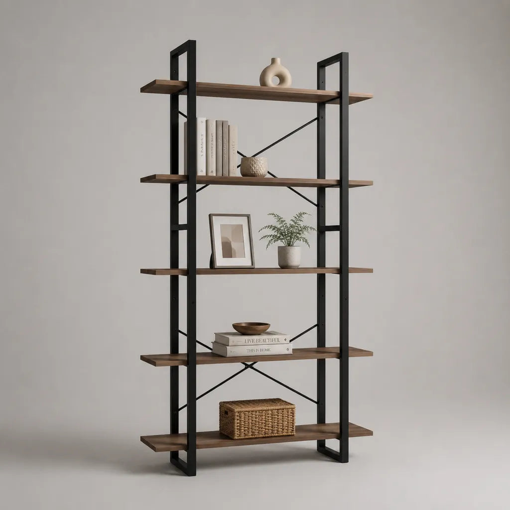 Bücherregal, Standregal aus Spanplatte und Stahl mit 5 Ablagen, Nussbaum/Schwarz, 120 × 30 × 180 cm